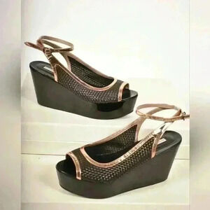 2010s DRIES VAN NOTEN Black Patent Woven Leather Platform Sandals 38EU 8US Italy